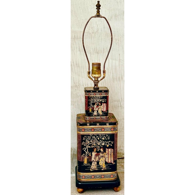 Mid 20th Century Vintage Mid-Century ‘Frederick Cooper Style’ Tole Painted Stacked British Tea Canisters Table Lamp For Sale - Image 5 of 12