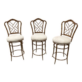 Swiveling Metal Bamboo Counter Height Barstools - Set of 3 For Sale