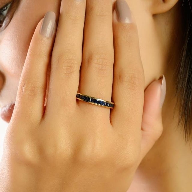 Blue 14k Gold 1.21 Ct Natural Blue Sapphire Channel Set Half Eternity Band Size 6 by VRJewels For Sale - Image 8 of 16