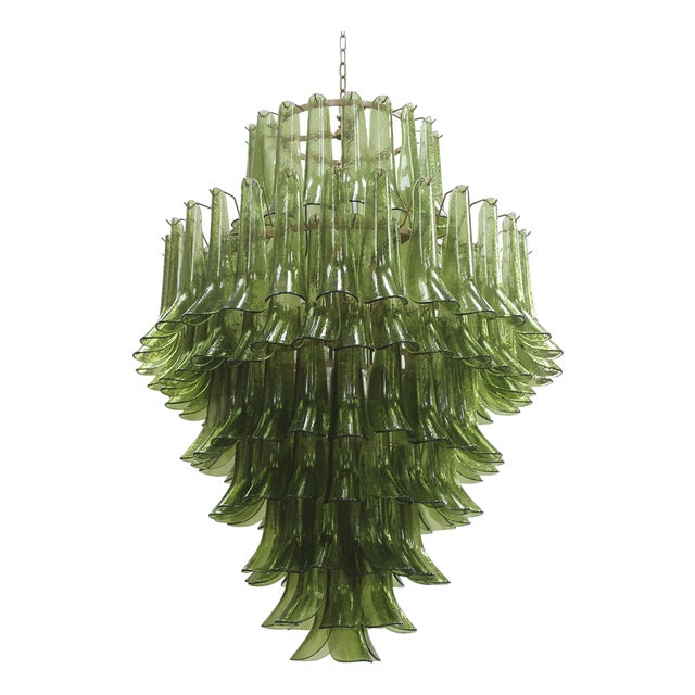 Green Murano Glass Petal Chandelier with Gold-Toned Support, Italy, 1999 For Sale