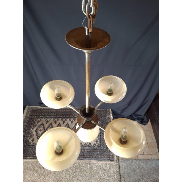 1950s Chrome Metal Chandelier with Five Pale Yellow Opaline Shades, 1950s For Sale - Image 5 of 7