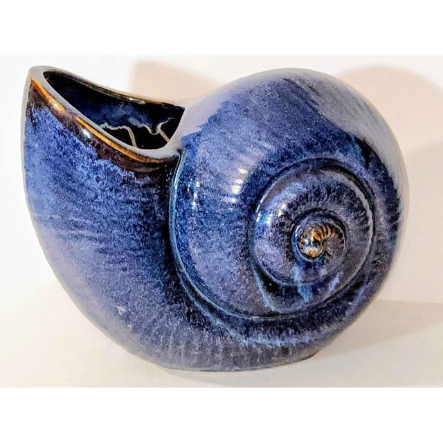 1970s 14.5" Mid-Century Modern Pottery X- Large Nautilus Planter Deep Cerulean Blue For Sale - Image 5 of 5