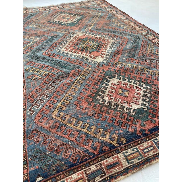 Antique with Ram Horn Outlined Diamonds with Terracotta, Emerald Green, & Wheat Hues Caucasian Rug 4.4 x 6.4 For Sale - Image 10 of 16