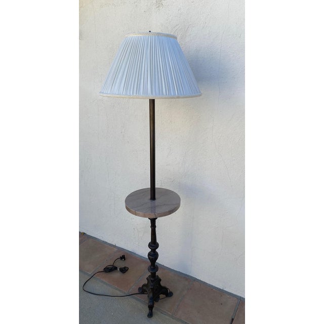 Vintage Regency Style 2 Light Embellished Bronze Floor Lamp With Attached Marble Table and Shade For Sale - Image 4 of 15