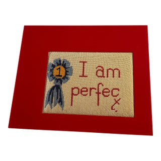 Vintage Framed Needlepoint “I Am Perfect” For Sale