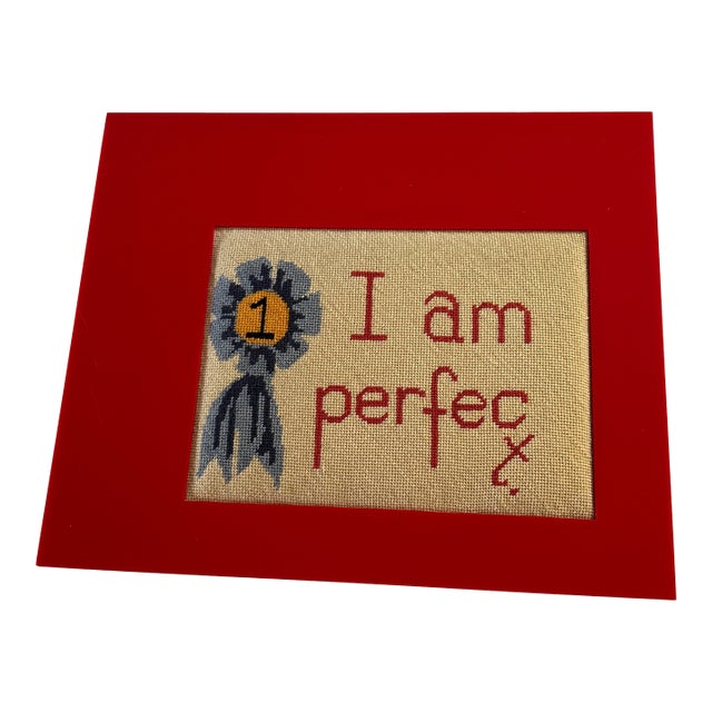 Vintage Framed Needlepoint “I Am Perfect” For Sale