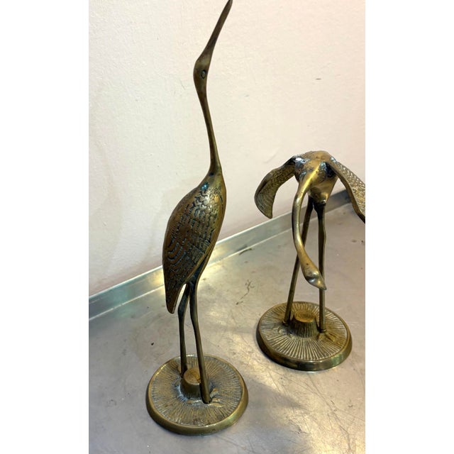1960s-70s brass crane/heron statues/figurines; set of two. Some minor patina to metal in a few places as shown. Otherwise...
