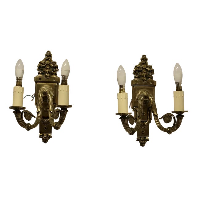 Neo Classical Large Brass Twin Wall Lights, 1890s, Set of 2 For Sale