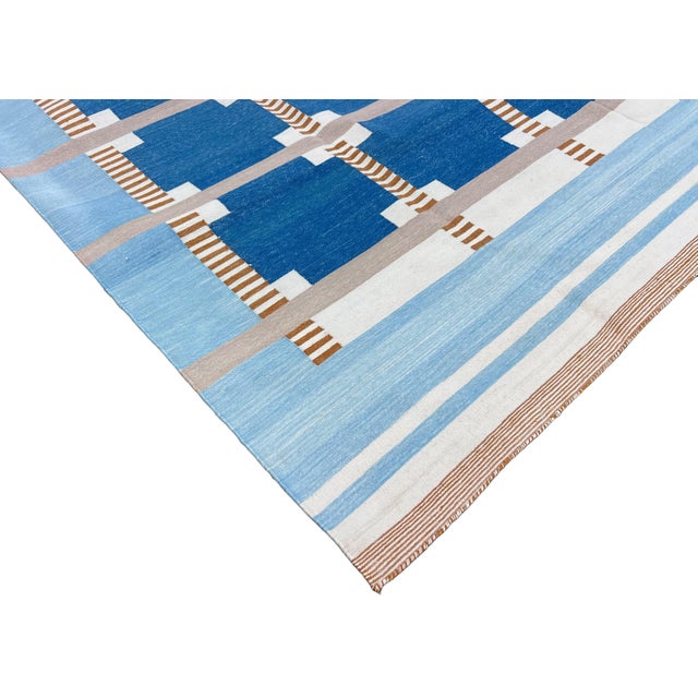 Sky Blue Handmade Cotton Geometric Area Rug, Sky Blue, Cream, Beige and Tan Dhurrie-88"x132" For Sale - Image 8 of 14