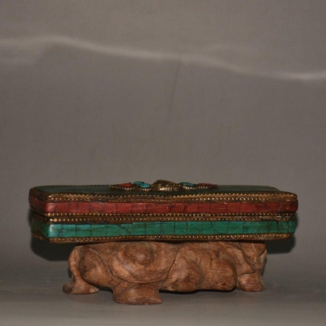 1990s Vintage Nepalese Copper Ritual Dagger (Phurba) With Inlaid Stones in Fitted Wooden Box For Sale - Image 5 of 9