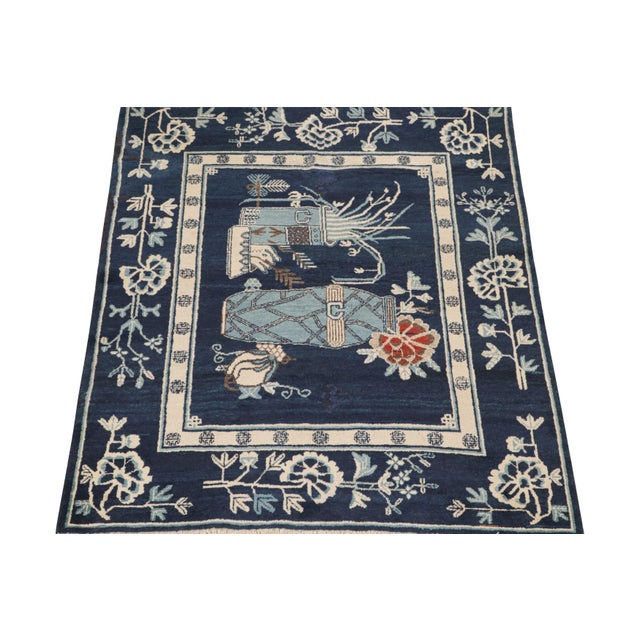 1920s Antique Chinese Art Deco Rug in Navy Blue With Pictorial Patterns by Rug & Kilim For Sale - Image 5 of 7