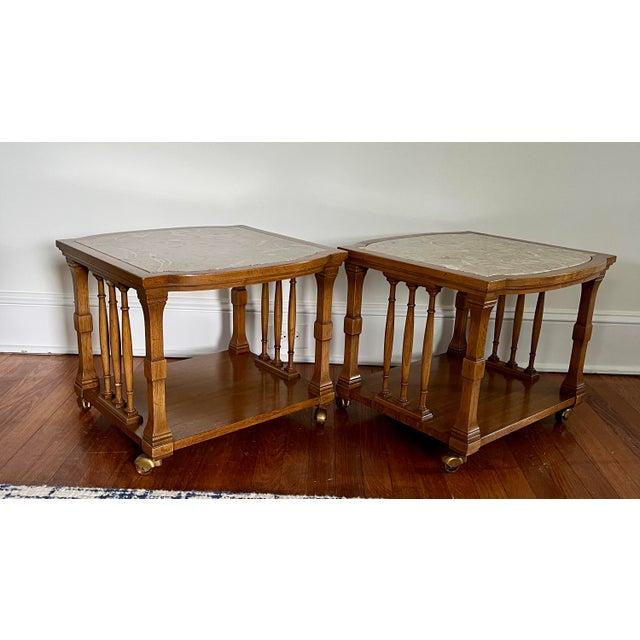 Pavane Furniture by Tomlinson Fossil Marble top tables . Neoclassical meets mid-century with column sides. Great irregular...
