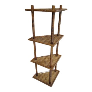 1970s Hollywood Regency Faux Bamboo Corner 4 Tier Bookshelf For Sale