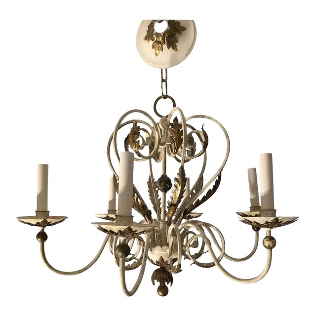 1950s Shabby Chic White and Gold Washed Chandelier For Sale