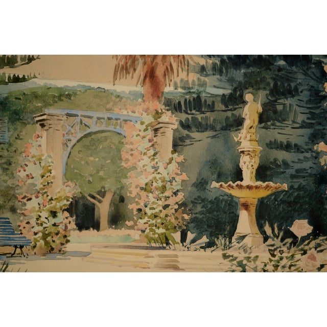 Impressionist "San Anton Palace Malta" Early 20th Cent. Garden and Fountain Watercolor by Nicholas Krasnoff For Sale - Image 3 of 11