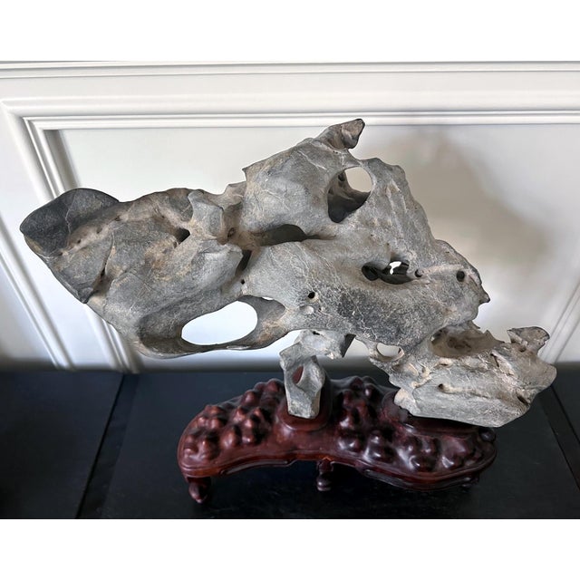 Extraordinary Chinese Taihu Scholar Stone Rare Form on Display Stand For Sale - Image 9 of 18
