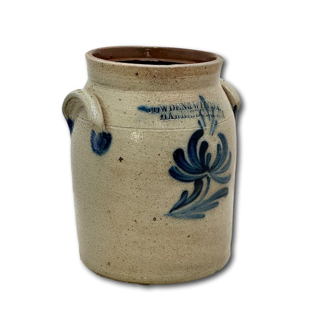 Ceramic Small 1 Gallon Size Blue Decorated Antique American Stoneware Butter Churn Crock by Cowden & Wilcox Harrisburg Pennsylvania For Sale - Image 7 of 18