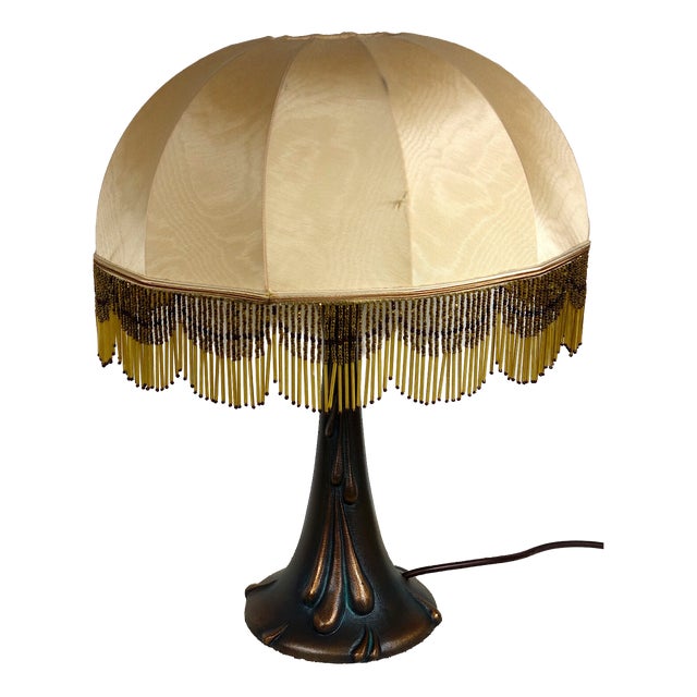 Antique Bronze Beaded Fabric Shade Table Lamp, 1920s For Sale