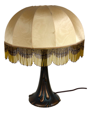 Antique Bronze Beaded Fabric Shade Table Lamp, 1920s