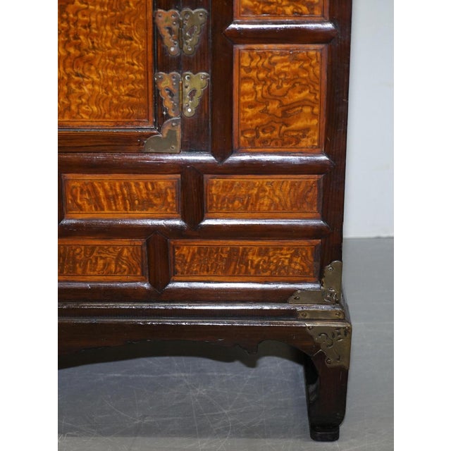 Antique Chinese Burr Elm & Brass Engraved Sideboard For Sale - Image 12 of 18