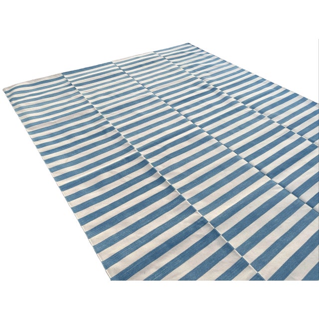 Sky Blue Handmade Cotton Rug, Sky Blue and White Natural Vegetable Dyed Up Down Striped Dhurrie- 12'x15' For Sale - Image 8 of 11