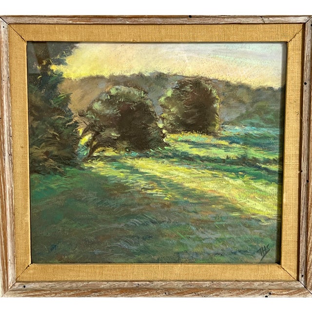 An impressionistic landscape in pastel titled "Late Summer Sunrise" by Terry Shapiro, bearing label from Rhode Island's...