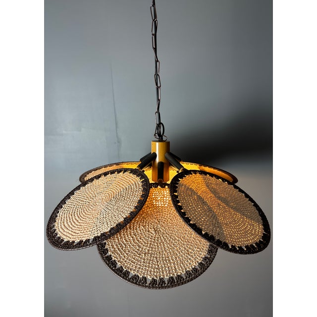 Wood Mid-Century Rattan Fan Pendant Lamp in the style of Ingo Maurer, 1970s For Sale - Image 7 of 18