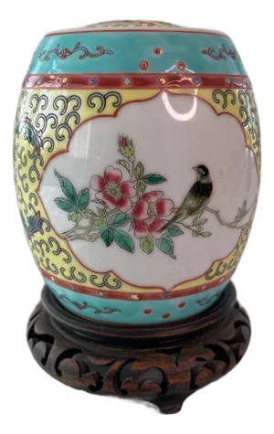 Vintage Jingdezhen Famille Rose Porcelain Ginger Jar & Stand - Bird & Floral 5"