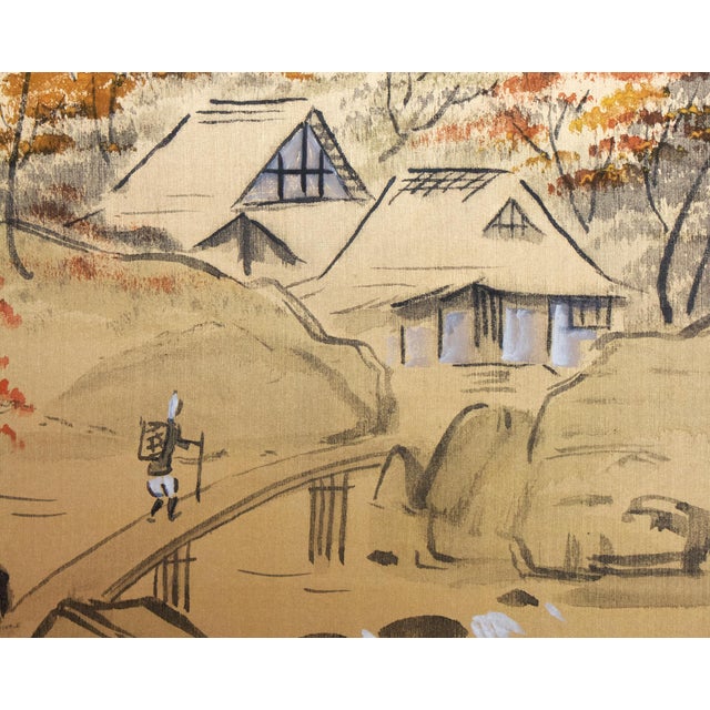 Goldenrod 1960s Shōwa Era Japanese Silk Byobu Screen "Mountain Landscape With Houses" For Sale - Image 8 of 17