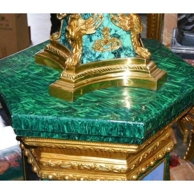Metal French Louis XVI Faux Malachite Pedestal Stands, Set of 2 For Sale - Image 7 of 8