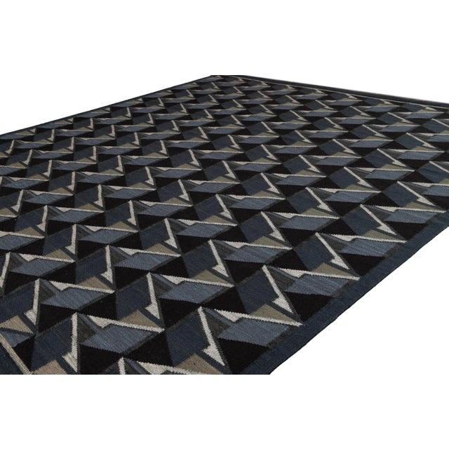 Square Modern Swedish Style Handmade Abstract Wool Rug With Black Field For Sale In New York - Image 6 of 8