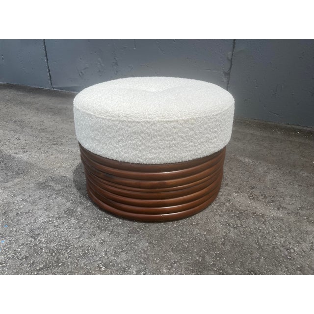 Mid-Century Modern 1970s Round Rattan Ottoman, Boucle, Mid Century For Sale - Image 3 of 10