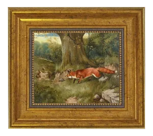 "Fox Hunting Rabbits" Contemporary Reproduction Print on Canvas After J.A. Wheeler, Framed 8-1/2" X 9-1/2"