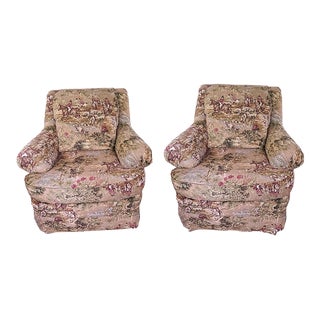 Custom Upholstered Armchairs in Equestrian Fox Hunt Toile Hekman Club Chairs - a Pair For Sale