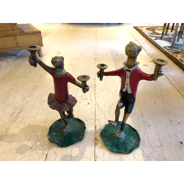1950s Vintage Painted Bronze Frog Candleholders - a Pair For Sale - Image 11 of 11