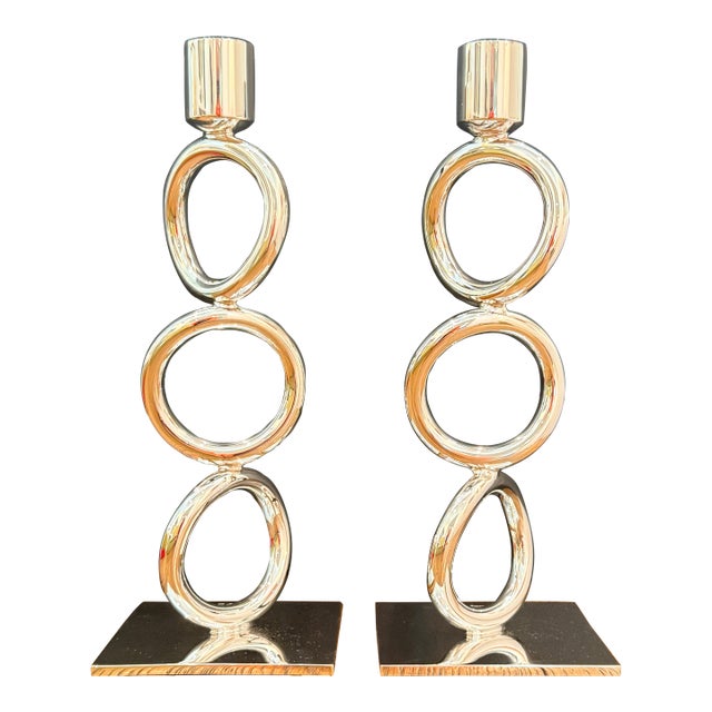 Pair Christofle Vertigo 3 Ring Candlesticks For Sale