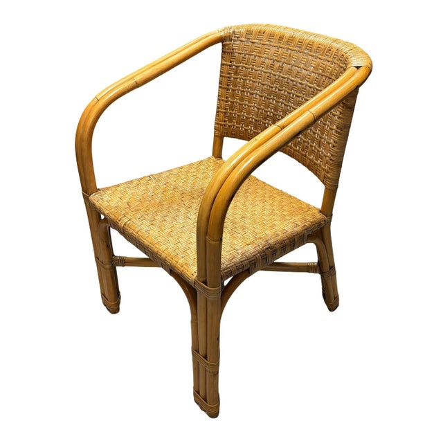 Restored Modern 2-Strand Rattan Armchair Dining Chair W/ Wicker Seat, Set of 4 For Sale - Image 4 of 8