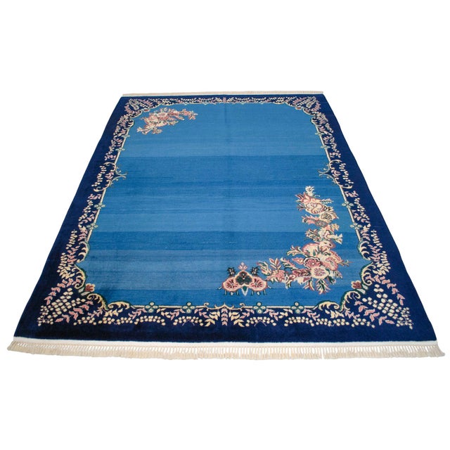 Textile 1980s Handmade Rug Blue Turkish Rug - 6'6" X 9'1" For Sale - Image 7 of 18