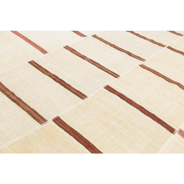 Vintage 13 X 27 Extra-Long Minimalist Striped Kilim Wool Rug in Neutral Cream For Sale - Image 4 of 12