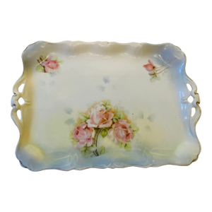 Prussia Antique Scalloped Porcelain Tray Dining or Dressing Table Hand Painted Roses Botanical Blue Pink