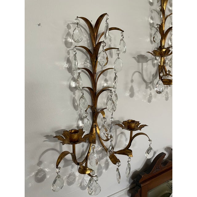 Vintage Mid Century 19" Italian Gilded Tole and Crystals Candle Sconces - A Pair For Sale - Image 12 of 18
