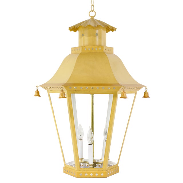 Vintage Chinoiserie Yellow Tole Hanging Lantern Chandelier With Brass Bells For Sale - Image 13 of 13