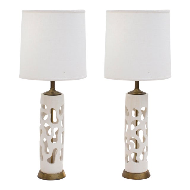 Pair Of Ceramic Cutout Table Lamps With Brass Fittings Chairish
