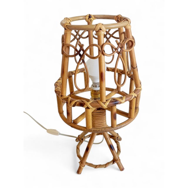 Wood Mid-Century Bamboo Rattan Table Lamp in the style of Louis Sognot, 1960s For Sale - Image 7 of 15