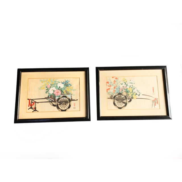 1930s Vintage Framed and Signed Original Kin-U Takeshita Flower Cart Woodblock Prints: Spring and Autumn - a Pair For Sale - Image 5 of 5