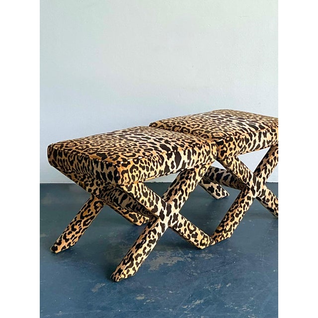 Vintage Leopard Velvet X-Base Stools - A Pair For Sale - Image 15 of 17
