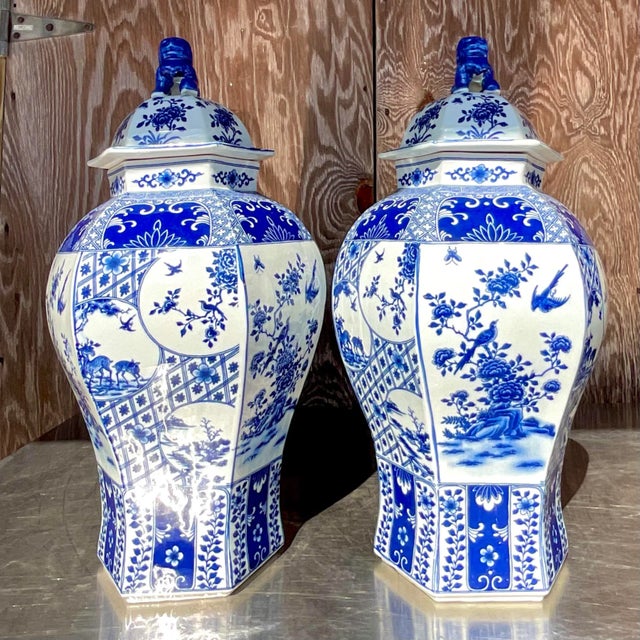 Asian Vintage Asian Blue and White Urns - a Pair For Sale - Image 3 of 9