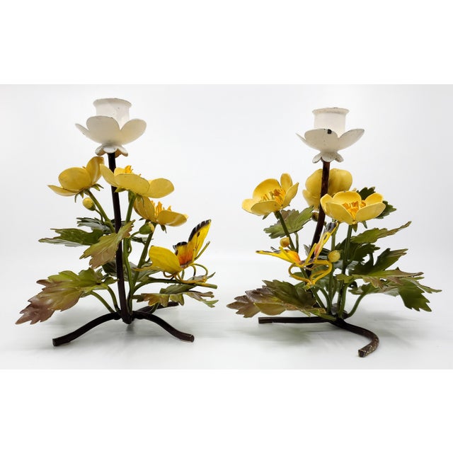 Candlesticks Tole Painted Metal Butterflies & Flowers 1960s Italy For Sale In Miami - Image 6 of 12