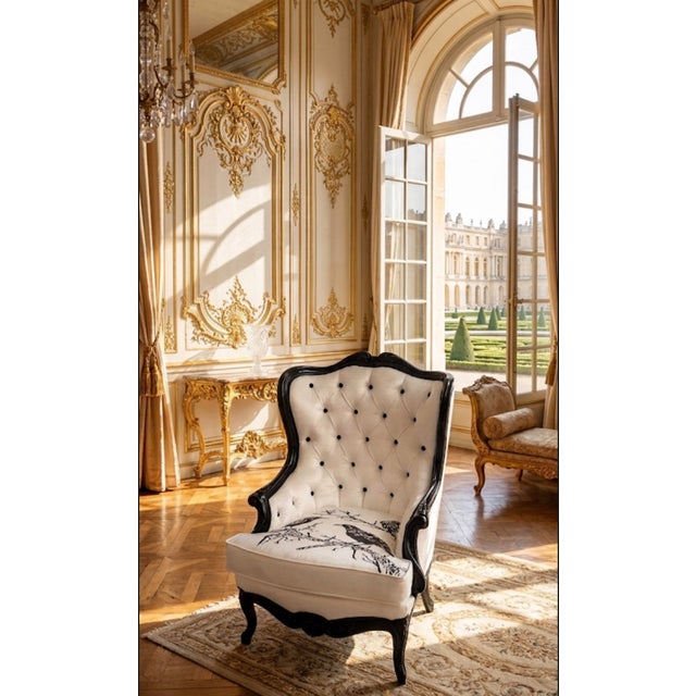 1960s 1960s Gothic Raven Crow White Velvet and Embroidery Black and White Armchair For Sale - Image 5 of 5