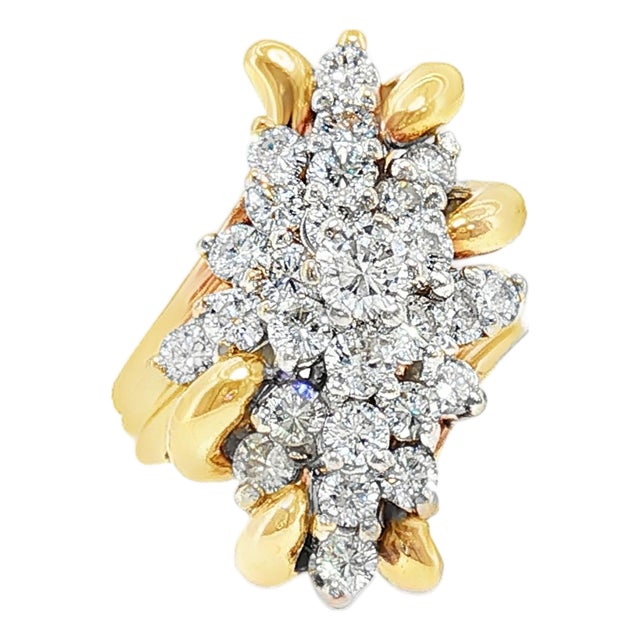 Late 20th Century 14k Two Tone Natural Diamond Waterfall Ring, Size 6.5 For Sale